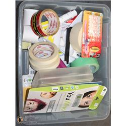 BIN OF ASSORTED SEWING ITEMS, TAPE ROLLS AND MORE
