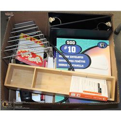 BOX OF OFFICE ITEMS, ENVELOPES, METAL ORGANIZERS,