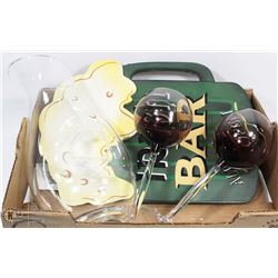 FLAT WITH GLASS PITCHER, PAIR OF WINE GLASSES &