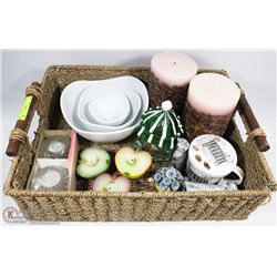 WICKER BASKET WITH CERAMIC BOWL SET, CANDLES &