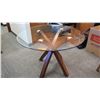 Image 2 : Minimalist Round Glass-Top Table, 4-Legged Base, Dark Wood 42.5" Dia, 29" height