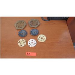 2 Small Metal Trivets and 5 pc Stone Decorative Items