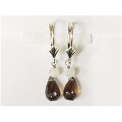 EARRINGS - TEAR DROP SMOKEY QUARTZ & BEADS IN STERLING SILVER SETTING - RETAIL ESTIMATE $125
