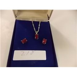 NECKLACE & EARRINGS SET - EMERALD FACETED RUBY IN STERLING SILVER SETTING WITH PLATINUM OVERLAY - IN