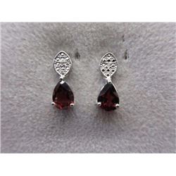 EARRINGS - 2.2 CTW PEAR FACETED GARNET & 2 DIAMONDS IN STERLING SILVER SETTING - RETAIL ESTIMATE $30