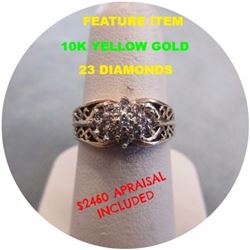 *** FEATURE ITEM *** RING - LADIES CLUSTER DIAMOND RING - 23 DIAMONDS IN 10K YELLOW GOLD SETTING - T