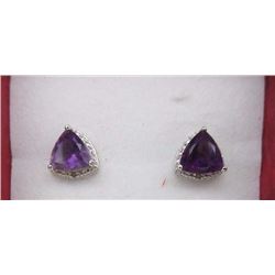 EARRINGS - 2.2TCW TRILLION FACETED AMETHYST & DIAMONDS IN STERLING SILVER SETTING - POST & BUTTERFLY