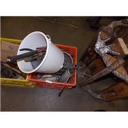 CRATE OF TOOLS & BUCKET OF HARDWARE & MORE