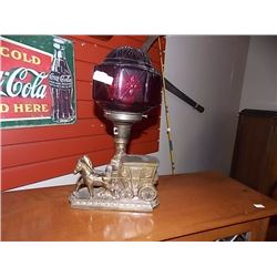 VINTAGE HORSE & WAGON LAMP - BRASS & CRANBERRY GLASS
