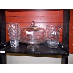 GLASS VASES - 2 TTL & CAKE PLATE = 3 PC TTL