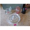 Image 1 : Dominion black glass insulator + pink glass dish with lid + donkey glass lid+glass juicer