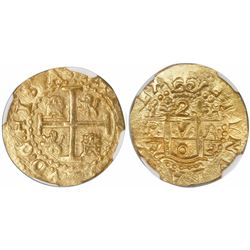 Lima, Peru, cob 2 escudos, 1703H, rare, encapsulated NGC MS 65, finest known in NGC census, from the
