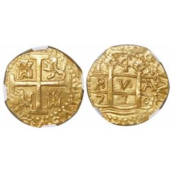 Lima, Peru, cob 4 escudos, 1710H, rare, encapsulated NGC MS 65, finest known in NGC census, from the
