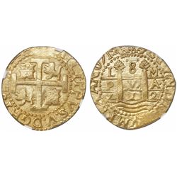 Lima, Peru, cob 8 escudos, 1712M, encapsulated NGC MS 64, from the 1715 Fleet (designated on label).