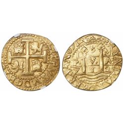 Lima, Peru, cob 8 escudos, 1712M, encapsulated NGC AU 55, from the 1715 Fleet (designated on label).
