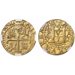 Lima, Peru, cob 4 escudos, 1712M, encapsulated NGC AU 55, from the 1715 Fleet (designated on label).