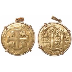 Lima, Peru, cob 8 escudos, 1723M, mounted in 18K gold pendant-bezel.