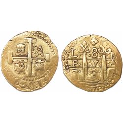 Lima, Peru, cob 8 escudos, 1725M, Louis I, rare.