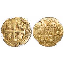 Lima, Peru, cob 8 escudos, 1735/4N, encapsulated NGC VF details / mount removed, ex-Newman (designat