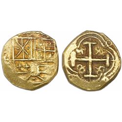 Bogota, Colombia, cob 2 escudos, Charles II, assayer (A)RC(E ) to left of shield.