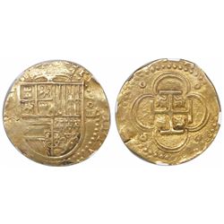 Seville, Spain, cob 4 escudos, Philip II, assayer not visible (Gothic D), encapsulated NGC AU 55.