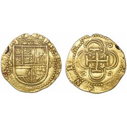 Seville, Spain, cob 2 escudos, Philip II, assayer Gothic D below mintmark S to left.