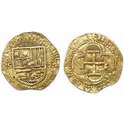 Seville, Spain, cob 1 escudo, Philip II, assayer Gothic D to right, mintmark S to left.