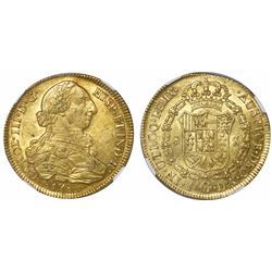 Santiago, Chile, bust 8 escudos, Charles III, 1786DA, encapsulated NGC AU 58.