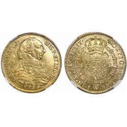 Santiago, Chile, bust 8 escudos, Charles IV transitional (bust of Charles III, ordinal IV), 1789DA, 