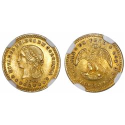 Medellin, Colombia, 1 peso, 1872 with 8/8 and 2/2, condor type, encapsulated NGC MS 65.