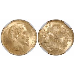 France (Paris mint), 20 francs, Napoleon III, 1854-A, encapsulated NGC MS 64.