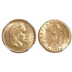 France (Strasbourg mint), 20 francs, Napoleon III, 1863-BB, encapsulated NGC MS 63, tied for second