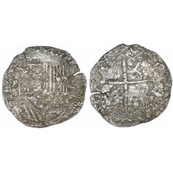 Potosi, Bolivia, cob 8 reales, Philip II, assayer not visible (4th-period B), Grade-2 quality but Gr