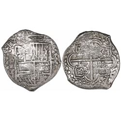 Potosi, Bolivia, cob 8 reales, Philip III, assayer T, Grade 1.