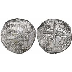 Potosi, Bolivia, cob 8 reales, Philip III, assayer T, quadrants of cross transposed, Grade 1, with t