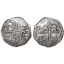 Potosi, Bolivia, cob 8 reales, Philip III, assayer not visible, quadrants of cross transposed, Grade