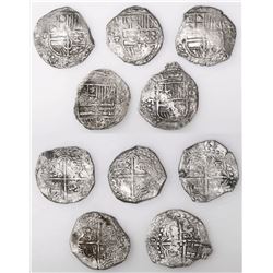 Lot of five Potosi, Bolivia, cob 8 reales, Philip III, assayer T or not visible, all Grade 2.