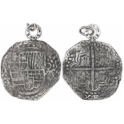 Potosi, Bolivia, cob 8 reales, Philip IV, assayer T (mid-1620s), with custom loop at top for wearing