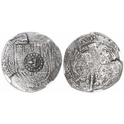 Potosi, Bolivia, cob 8 reales, (1650)O, with crown-alone countermark on cross, encapsulated NGC genu
