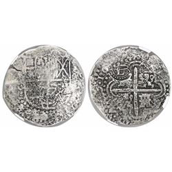 Potosi, Bolivia, cob 8 reales, 16(50-51)O, with crowned-L countermark on cross, encapsulated NGC gen