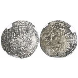 Potosi, Bolivia, cob 8 reales, (16)51E, with crowned-L countermark on cross, encapsulated NGC genuin