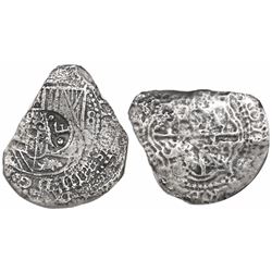 Potosi, Bolivia, cob 8 reales, (1650-52)(O or E), with crowned-dot-F-dot countermark on shield, enca