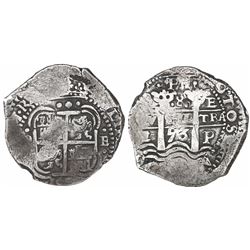 Potosi, Bolivia, cob 8 reales, 1653E, dot-PH-dot at top, four-digit date below cross.