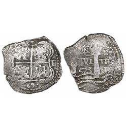 Potosi, Bolivia, cob 4 reales, 1653E, rotated-4 denomination.