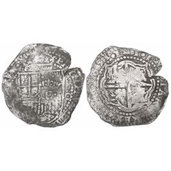 Potosi, Bolivia, cob 8 reales, 1651O, with crowned-dot-F-dot countermark (four dots) on shield.