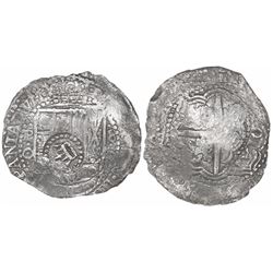 Potosi, Bolivia, cob 8 reales, 1651O, with crown-alone countermark on shield.