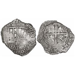 Potosi, Bolivia, cob 8 reales, 165(0-1)O, with crowned-O countermark on cross.