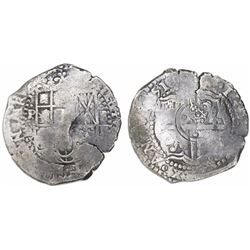 Potosi, Bolivia, cob 8 reales, 1651E, with crowned-dot-F-dot (four dots) countermark on cross (very 