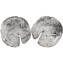 Potosi, Bolivia, cob 8 reales, 1651E, with crowned-dot-F-dot countermark (two dots) on shield.