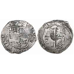 Potosi, Bolivia, cob 8 reales, (16)51E, modern 5, with crowned-L countermark on cross.